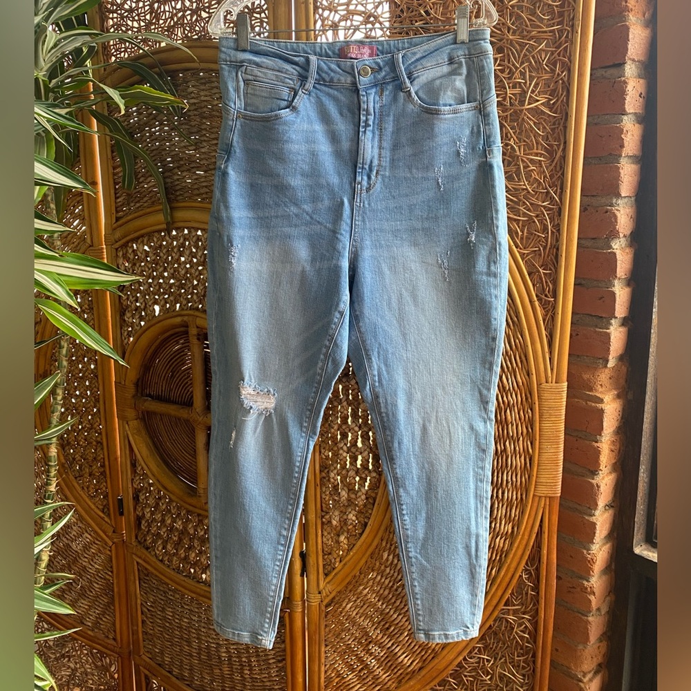 Wax Jeans High Rise Stretch Blue Distressed Jeans Size 14 Great Condition